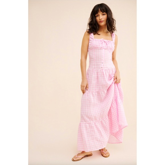 Frankies Bikinis Dresses & Skirts - Frankies Bikinis Christabelle 100% Linen Maxi Dress Pink Gingham Cottagecore S
